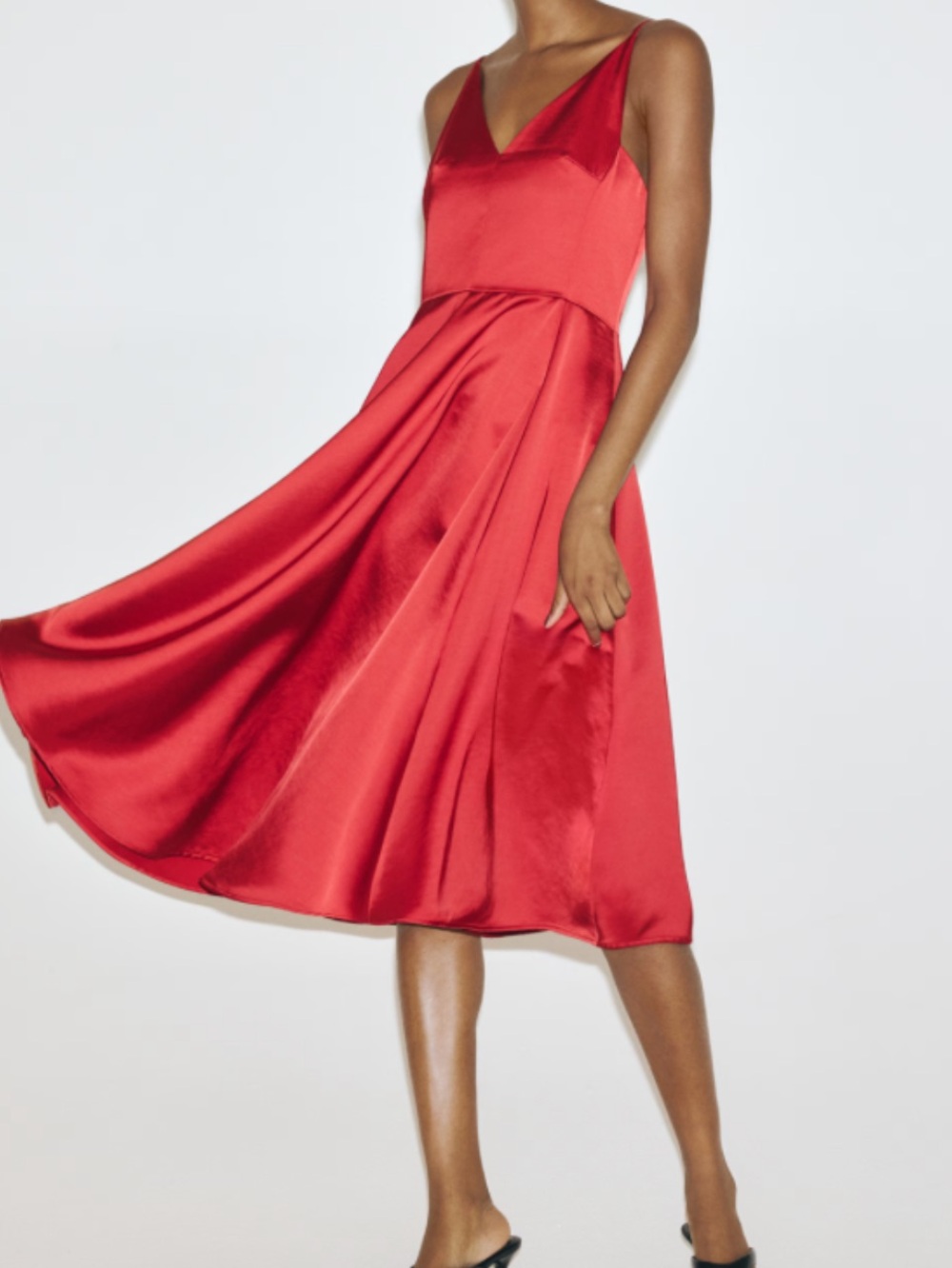 H&M Red Satin V-Neck Midi Slip Dress